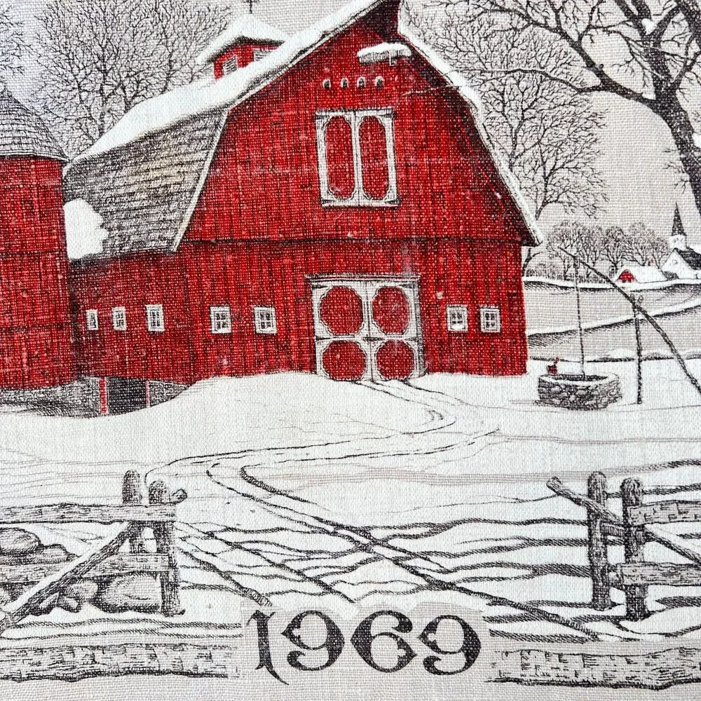 VTG 1969 Linen Calendar Tea Towel Red Barn Warren Boucher
